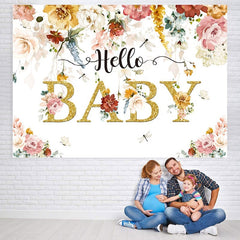 Toile de fond Hello Baby sur le thème du printemps scintillant et floral