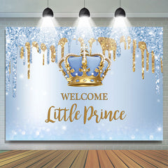 Toile de fond bleu pailleté Welcome Little Prince douche de bébé