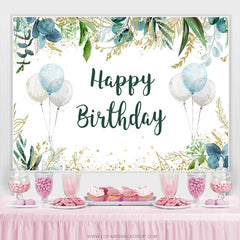 Feuilles vertes scintillantes et toile de fond d'anniversaire de ballons