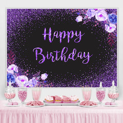 Fleurs violettes scintillantes noir joyeux anniversaire toile de fond