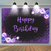 Fleurs violettes scintillantes noir joyeux anniversaire toile de fond