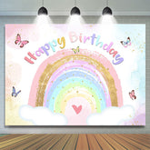 Toile de fond joyeux anniversaire arc-en-ciel et papillon scintillant