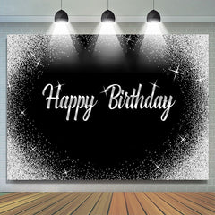 Points argentés scintillants et toile de fond noire Happy Birthday