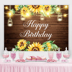Tournesols scintillants et toile de fond joyeux anniversaire en bois