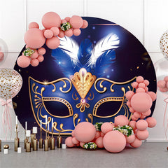 Masque de plumes doré et bleu, toile de fond ronde pour fête