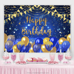Toile de fond d'anniversaire de paillettes d'or et de ballons bleu marine