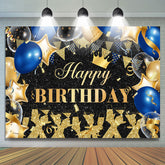 Toile de fond de joyeux anniversaire de ballons de paillettes d'or noir