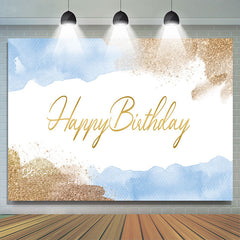 Paillettes d'or et toile de fond de fête de joyeux anniversaire bleu