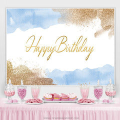 Paillettes d'or et toile de fond de fête de joyeux anniversaire bleu