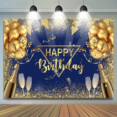 Fond de joyeux anniversaire de verre à vin de ballon de paillettes d'or