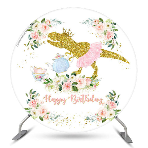 Fond d'anniversaire rond floral de dinosaure de paillettes d'or Fond d'anniversaire rond floral de dinosaure de paillettes d'or