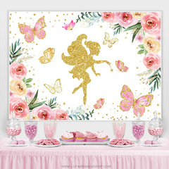 Toile de fond de fête d'anniversaire florale rose féerique à paillettes dorées