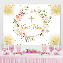 Paillettes d'or que Dieu bénisse toile de fond de douche de bébé floral rose