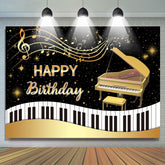 Piano doré et toile de fond joyeux anniversaire noir et blanc