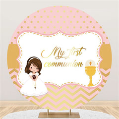 Toile de fond de douche de bébé ronde ma première communion rose or