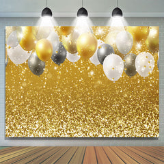Toile de fond d'anniversaire de paillettes de ballons dorés et blancs