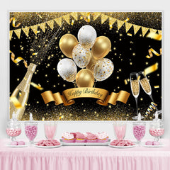 Paillettes dorées et toile de fond de joyeux anniversaire de ballon blanc