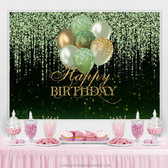 Fond de joyeux anniversaire de ballons de paillettes vertes et dorées