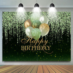 Fond de joyeux anniversaire de ballons de paillettes vertes et dorées