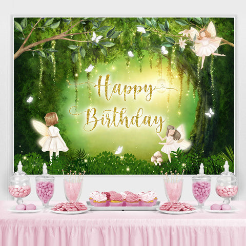 Fond de joyeux anniversaire fée papillon forêt verte Fond de joyeux anniversaire fée papillon forêt verte