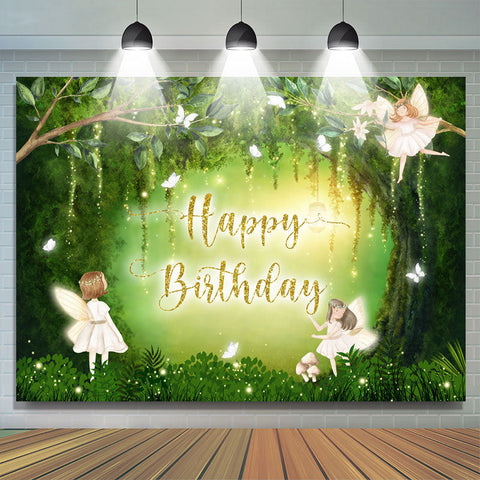 Fond de joyeux anniversaire fée papillon forêt verte Fond de joyeux anniversaire fée papillon forêt verte
