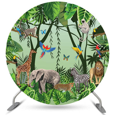 Toile de fond de fête ronde d'anniversaire d'animaux de la forêt tropicale verte Toile de fond de fête ronde d'anniversaire d'animaux de la forêt tropicale verte