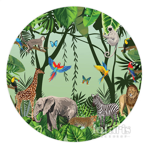 Toile de fond de fête ronde d'anniversaire d'animaux de la forêt tropicale verte Toile de fond de fête ronde d'anniversaire d'animaux de la forêt tropicale verte