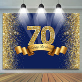 Joyeux 70e anniversaire Toile de fond bleu royal scintillant d'or pour photo