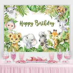 Joyeux Anniversaire Animaux Jungle Feuilles Vertes Toile De Fond F¨ºte