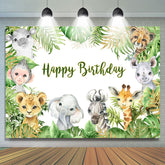 Joyeux Anniversaire Animaux Jungle Feuilles Vertes Toile De Fond F¨ºte