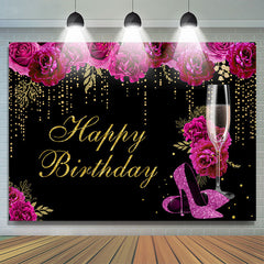 Toile de fond de joyeux anniversaire à paillettes dorées florales rose vif
