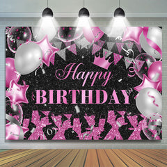 Ballons argentés rose vif paillettes fond d'anniversaire noir