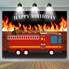 Maison en feu et camion de pompier joyeux anniversaire toile de fond