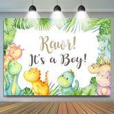 C'est un fond de dessin animé de feuilles vertes de dinosaure de bébé pour la douche de bébé