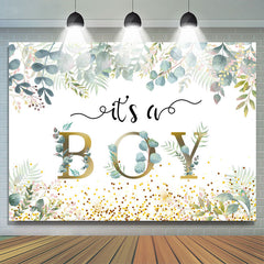 C'est un garçon avec des feuilles et des taches de toile de fond de douche de bébé