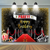 Lets Camera Party Red Carpet Gold Glitter Birthday Backdrop