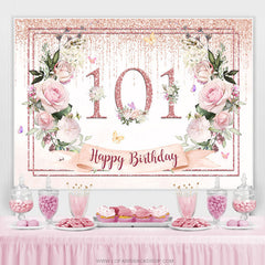 Toile de fond joyeux 101 anniversaire à paillettes florales rose clair