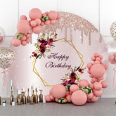 Fond de joyeux anniversaire floral rond à paillettes rose clair
