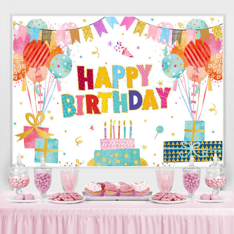 Beaux drapeaux de ballon avec gâteau joyeux anniversaire toile de fond Beaux drapeaux de ballon avec gâteau joyeux anniversaire toile de fond