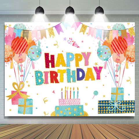 Beaux drapeaux de ballon avec gâteau joyeux anniversaire toile de fond Beaux drapeaux de ballon avec gâteau joyeux anniversaire toile de fond