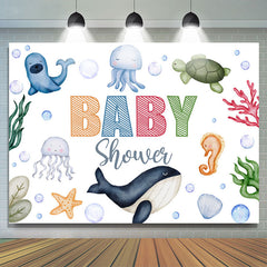Belle toile de fond blanche de douche de bébé de créatures sous-marines