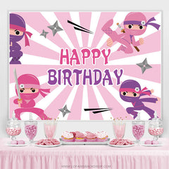 Toile de fond joyeux anniversaire ninja rose et blanc pour les filles