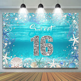 Toile de fond de fête d'anniversaire Sweet 16 Ocean Blue Shell