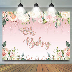 Oh bébé blanc floral rose paillettes baby shower toile de fond