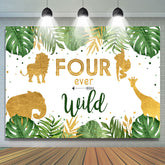 Feuilles de palmier et toile de fond du 4e anniversaire des animaux sauvages