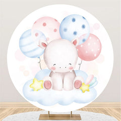 Ballons roses et bleus, toile de fond ronde pour fête prénatale hippopotame