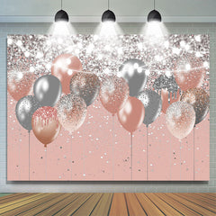 Toile de fond anniversaire ballons paillettes rose et argent bokeh