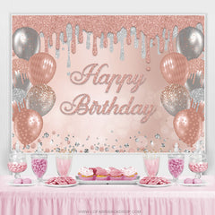 Toile de fond de joyeux anniversaire de ballons à paillettes roses et argentées