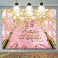 Ballon Rose Et Toile De Fond De Joyeux Anniversaire De Paillettes Dorées