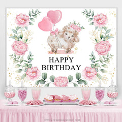 Toile de fond d'anniversaire de ballon rose floral et petit mouton